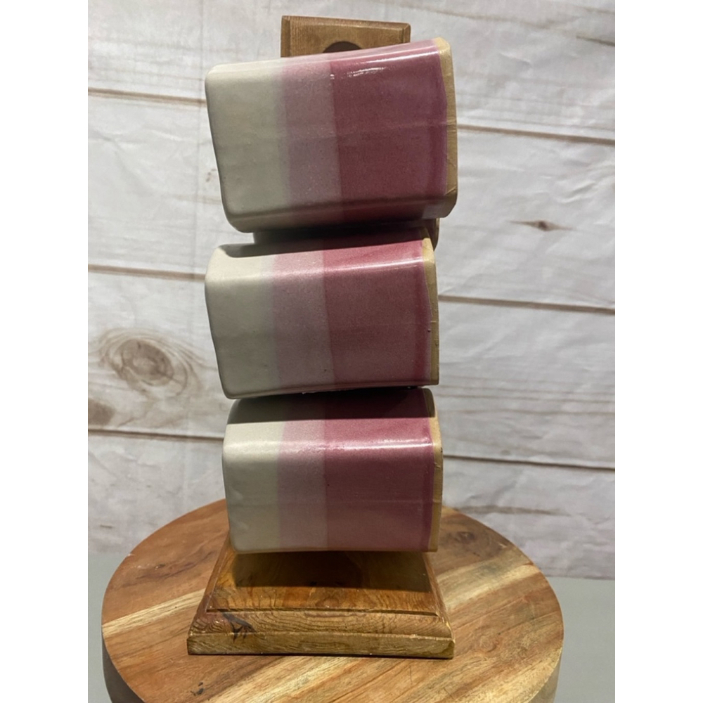 Pink and White Ceramic Mug Set with Stand - Picture 3 of 4